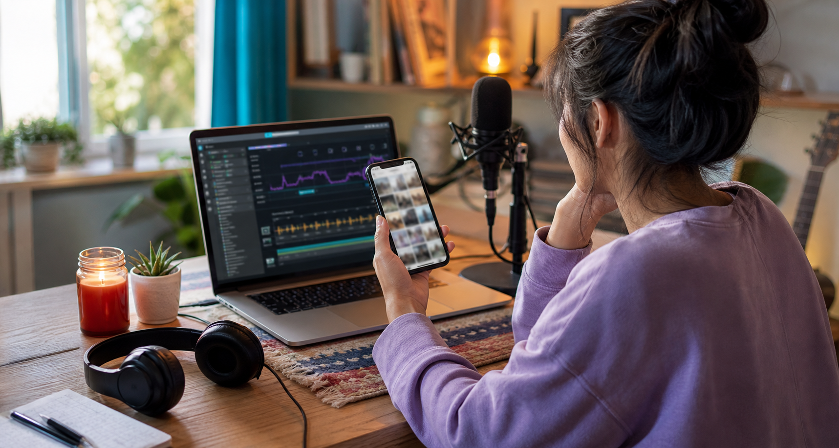 Singer reviewing camera roll clips beside a vocal analysis laptop