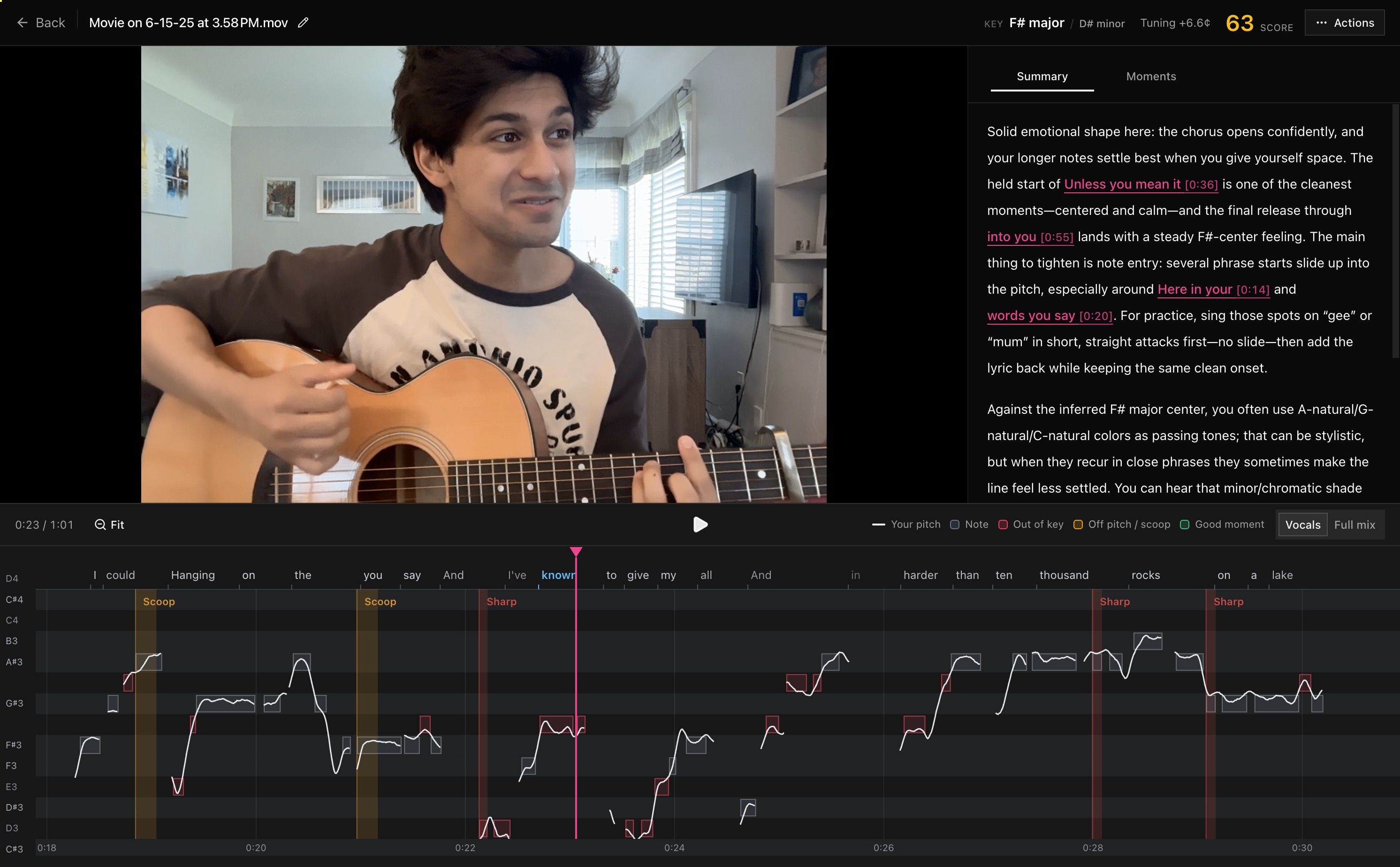 Stay Tuned analysis screen with video playback, coaching summary, and pitch graph annotations